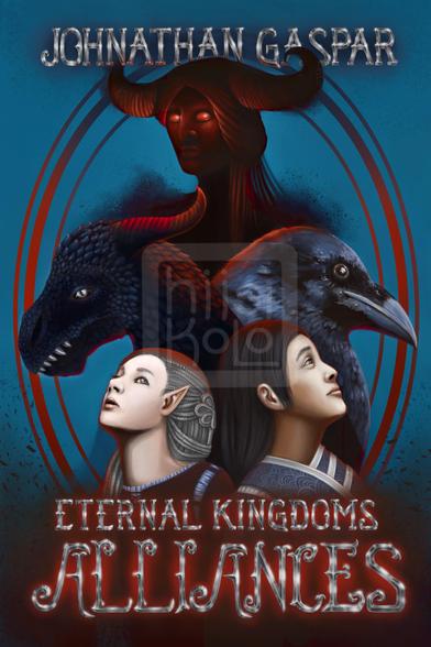 Fully illustrated eBook cover with a 3d silver illustrated title work that reads "Eternal Kingdoms ALLIANCES" by "Johnathan Gaspar". The titlework at the bottom is shrouded in deep red that makes the the words shine and pop out of the background. The top title is lightly shaded with black to make the author's name more visible.
There are five characters on the cover. At the top, a red and black demon-like entity with large horns and glowing red eyes that oozes black shadows around him. Below him are a black dragon and a raven back to back. They are of the same size and are shaded with red glow of the evil one at the top. Below them are the main characters. To the bottom left is a silver haired elf with elaborate braids on her long hair. She is looking up right in a different angle than the others. She is pale and looks almost startled. At the right is an asian man, a human, who looks up in a hopeful way. He too has a long hair but his is jet black.His clothes have patterned blues, that match the peeking blues of her medieval-style cut dress that is dominated with deep back over dress. His tunic is striped with white that match her barely rosy skintone.
The background is teal colored and it is split by oval shapes that surround the five in ombre reds and blacks.
This is a commisison made by hiisikoloART. All of the art is original, and no other assets were used.