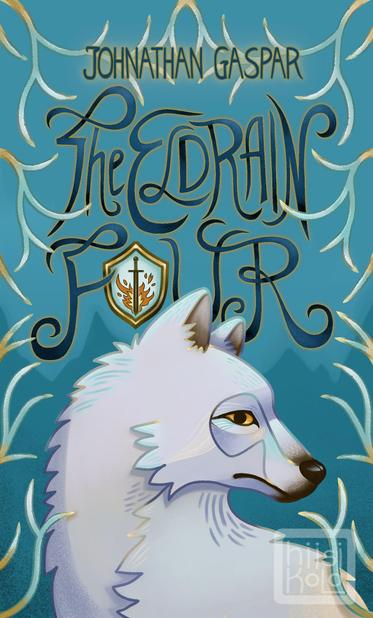 A simple style eBook cover. Title reads in twirling ombre deep blue colors "Eldrain Four". The "O" in the word "Four" is replaced with a gold rimmed shield with a flaming sword at the middle of it. Author name "Johnathan Gaspar" is at the top, circled with golden hue like the main title.
The background is of many blues that showcase the silhuette of a mountain range. The main focus is at a white wold that has stark colorful lines that create his form. The lines shine in many colors from deep blue, to teal, and gold. His nose and mouth are black, and eyes deep yellow and orange. He and the titles are surrounded with white branches that are white, teal, and shine with gold like frost would have gilded onto them.
100% original illustration by hiisikoloART - including the title work.