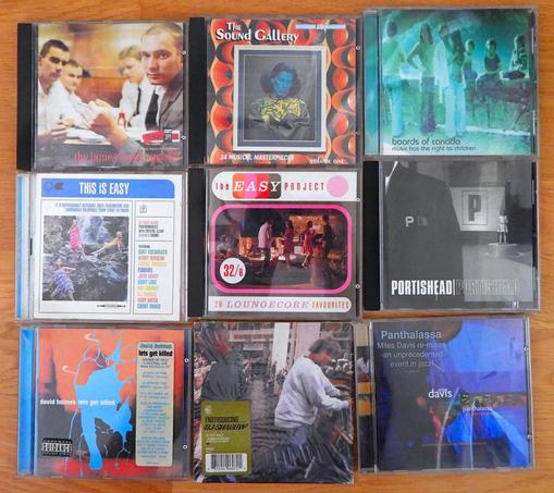 CDs on the floor: The Money Spyder (JTQ), The Sound Gallery, Music has the Right to Children (Boards of Canada), This is Easy, The Easy Project, Portishead (Portishead), Let's Get Killed (David Holmes), Endtroducing (DJ Shadow), Panthalassa: Miles Davis 1969-1974 Remixed