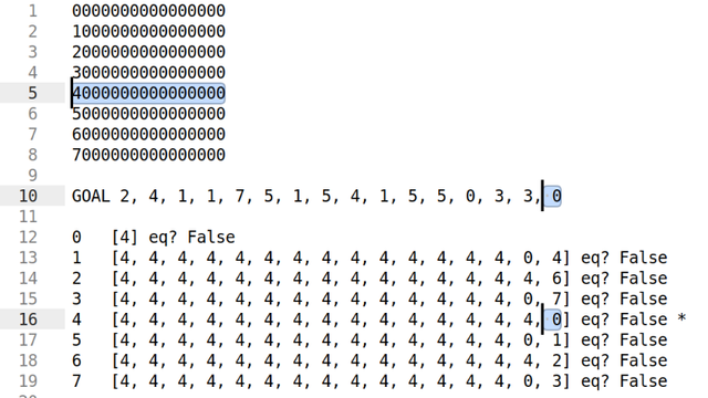 A block of numbers 0000000000000000 through 7000000000000000, with only the first digit varying. The one beginning with "4 is highlighted; below, are some comma separated lists, one labeled "GOAL" and the others labeled with numbers. A highlight shows the rightmost digit for both GOAL and list "4" are 0.