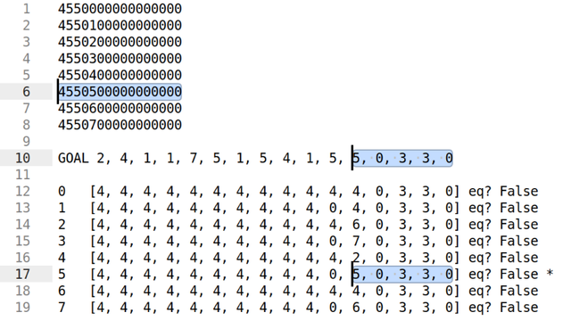 The numbers are filled out more on the left now; you see 4550000000000000 through 4550700000000000,again with only one digit varying. A highlight shows that list "5" (corresponding to 4550500000000000) matches on the right side with the "GOAL", on numbers 5,0,3,3,0.