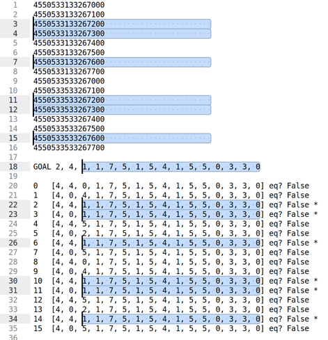 A harder number to parse. There are 16 numbers up to instead of 8, all but the final two terminal 0s are filled out now, and there are six separate highlights showing long matches on the right with the goal string.