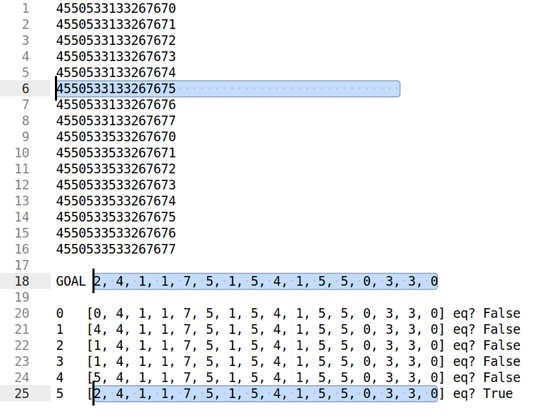 All digits in the numbers list are filled out; 4550533133267675 is highlighted, and below it's shown the corresponding list matches the goal exactly.