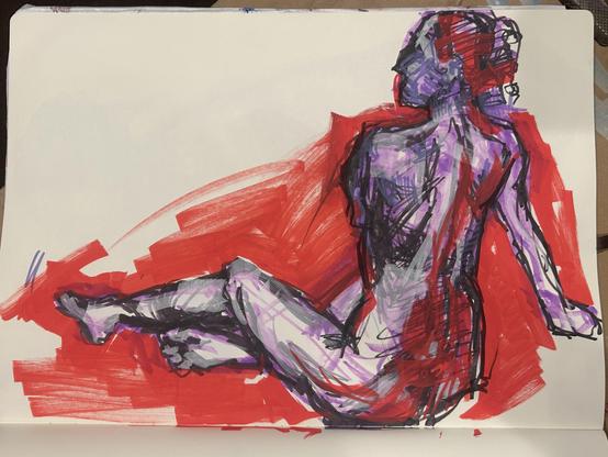 A seated 20 minute figure drawing pose of Brittany. There’s a lot of vibrant red Posca pen on an A3 moleskin sketchbook