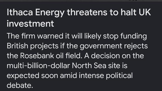 Ithaca Energy threatens to halt investment if the government rejects Rosebank