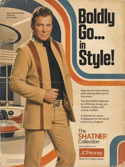 Mid-1970's J. C. Penney ad for Star Trek-inspired casual clothing modeled by William Shatner.