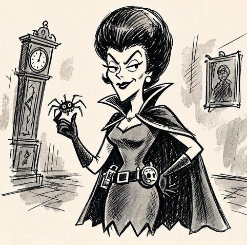 A cartoonishly evil woman smirks as she hold her pet spider and glances off to the side in a sort of 60s superhero meets charles addams kinda sketch