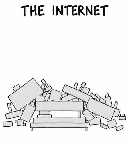 Black-and-white illustration inspired by “Dependency” (xkcd #2347), which depicts the fragility of modern digital infrastructure as a precarious stack of blocks. Here, beneath the title “THE INTERNET,” the entire structure has collapsed, leaving blocks piled up and scattered across the ground. An ironic take on the state of the internet after a particularly chaotic week of security vulnerabilities and emergency patches.